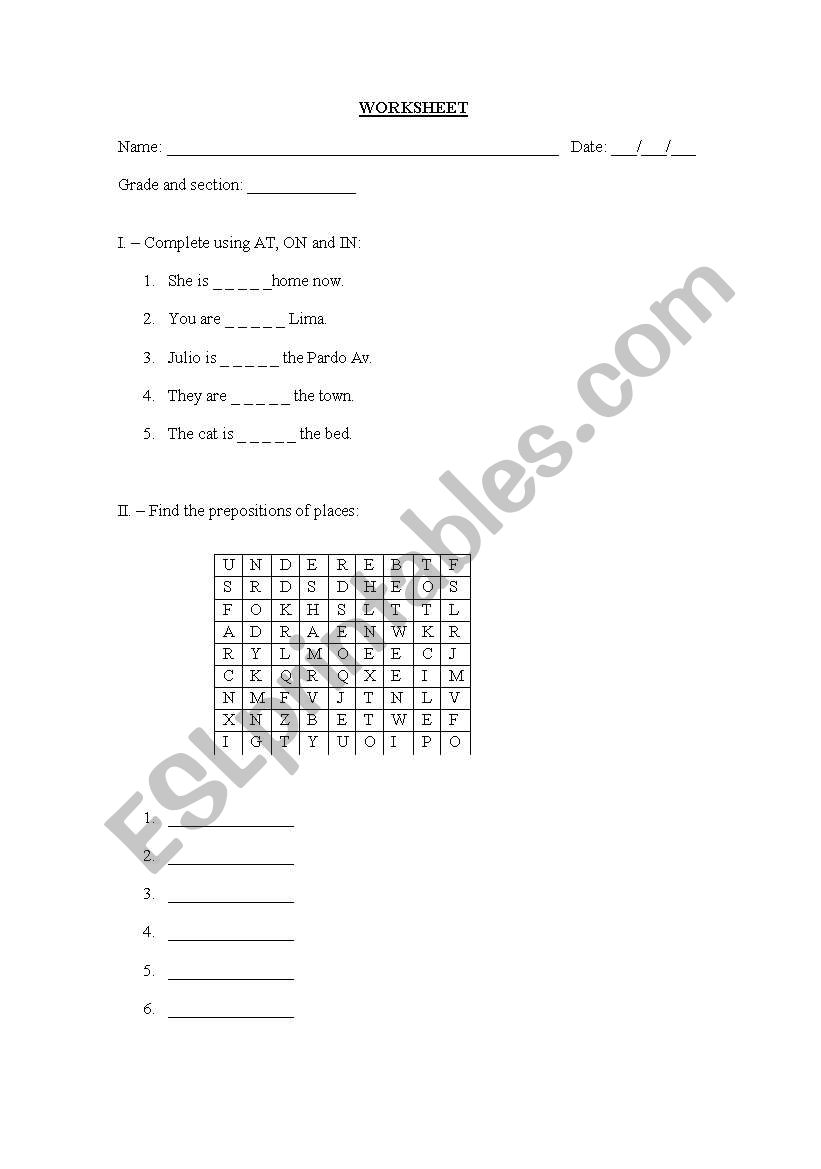 prepositions of places worksheet