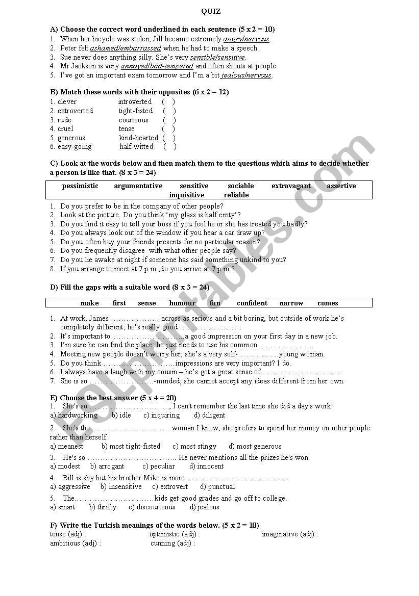 a quiz about personal matters worksheet