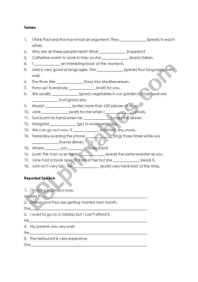 tesne and reported speech worksheet