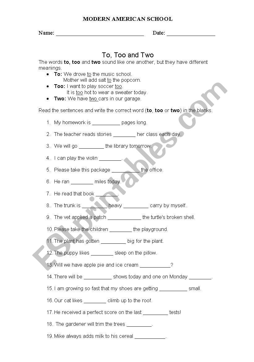 to, too and two worksheet
