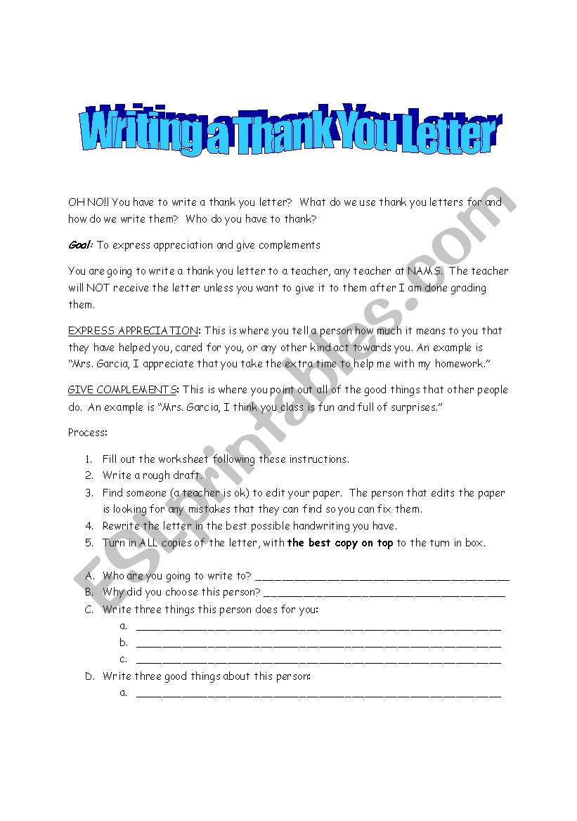 Writing A Thank You Letter ESL Worksheet By Tburford