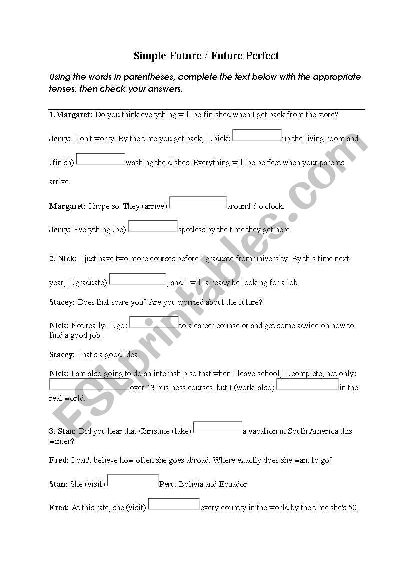 worksheet future perfect worksheet