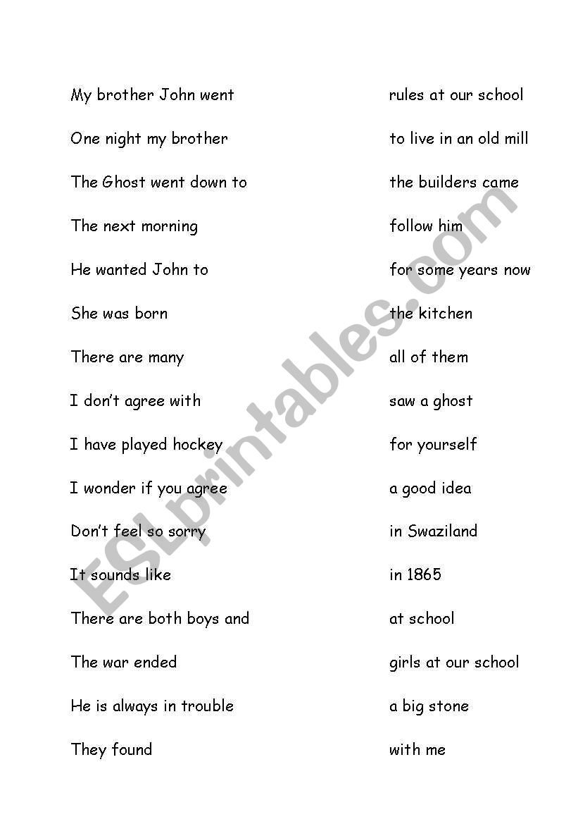 Vocabulary - split sentences worksheet