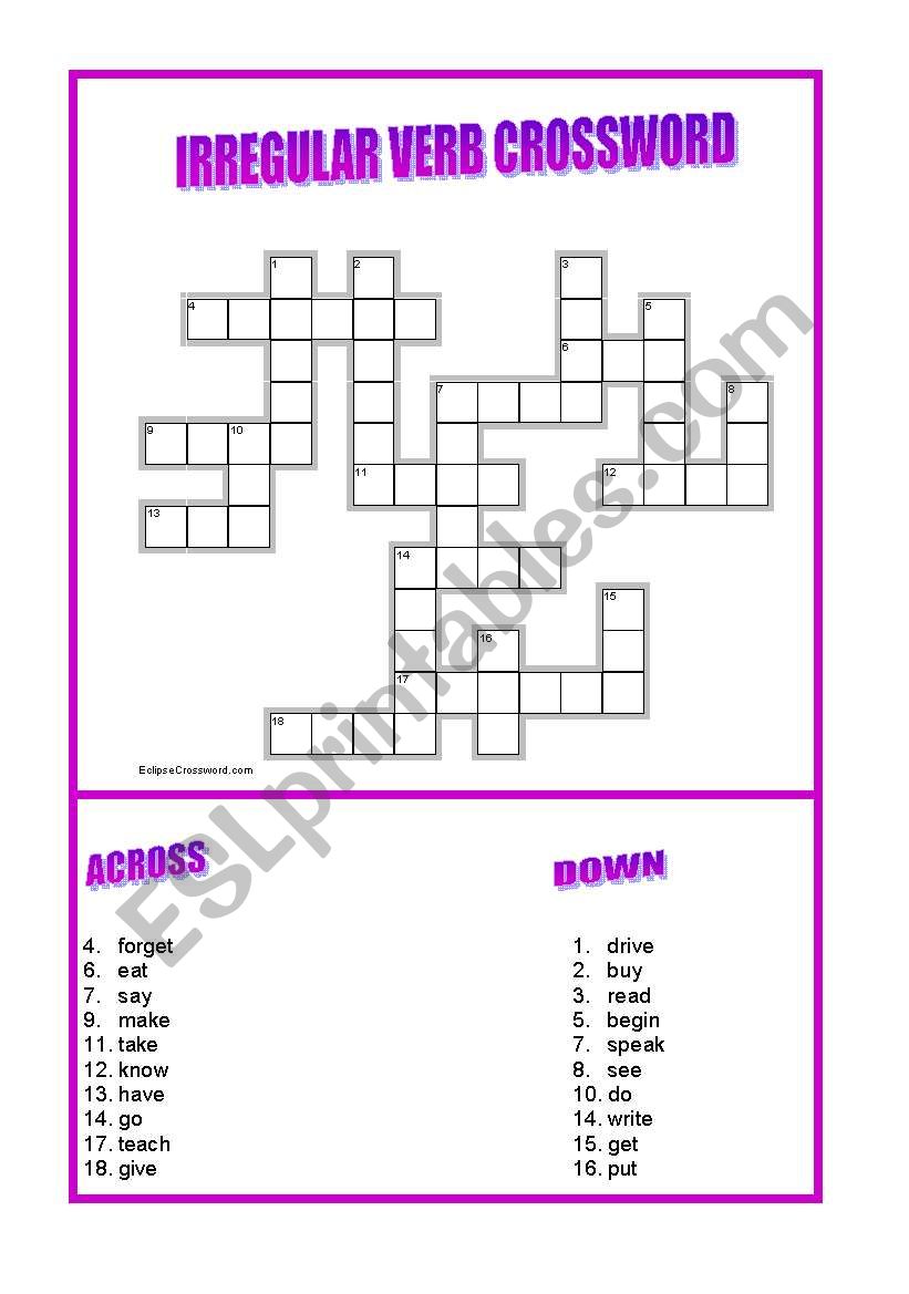 Irregular Past Tense Verbs Free Crossword Puzzle Verbos Irregulares 