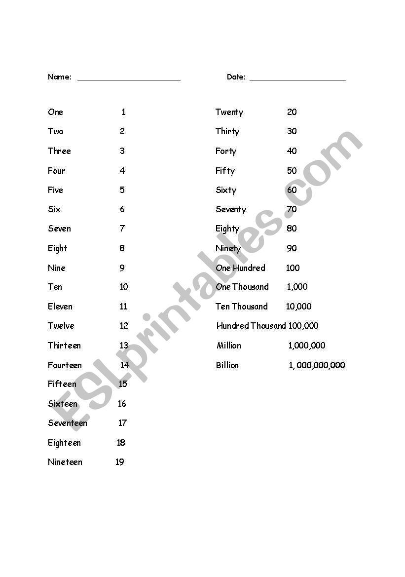 Reading Numbers worksheet