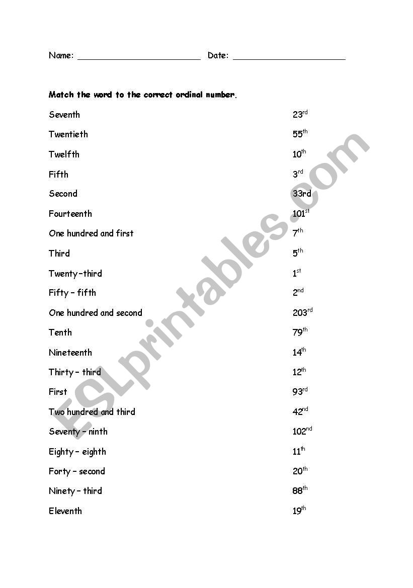 Matching Ordinal Numbers worksheet