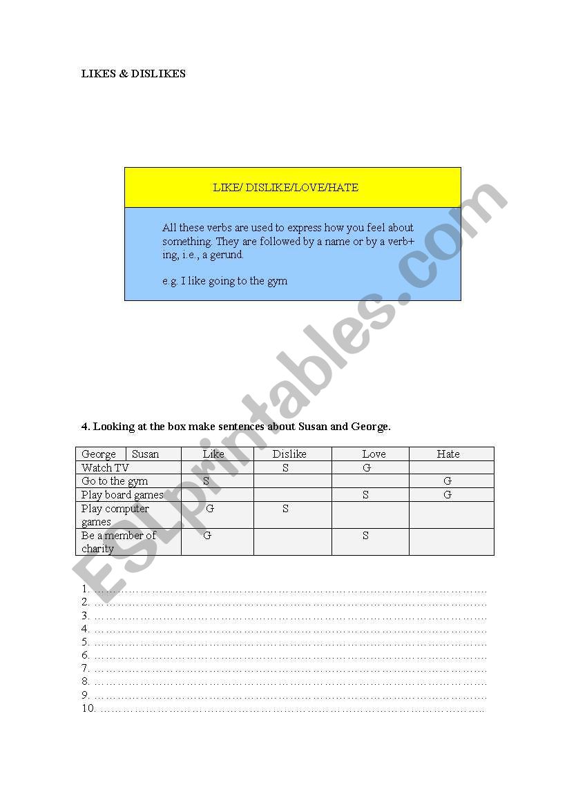 LIKES AND DISLIKES worksheet