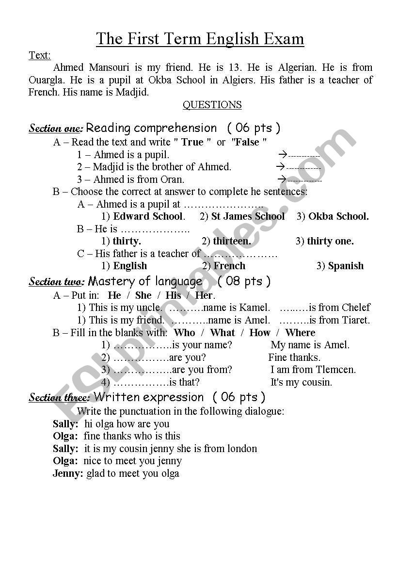 Exam worksheet