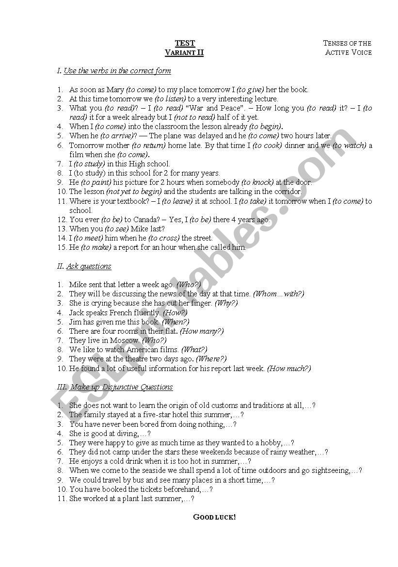 TENSES OF THE Active Voice worksheet