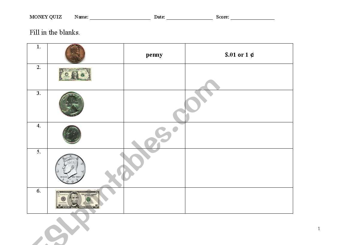 US money Quiz  worksheet