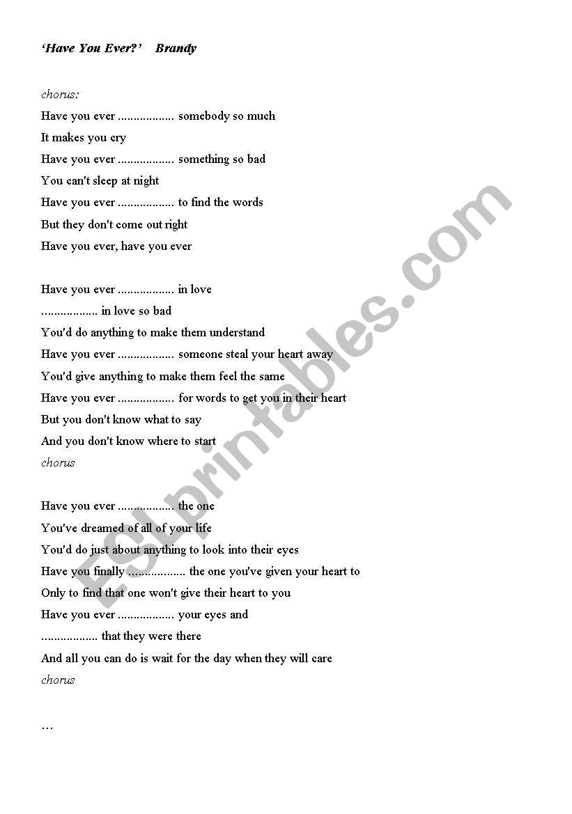 ´have You Ever´ Lyrics By Brandy Gap Filling Esl Worksheet By Magda7583 