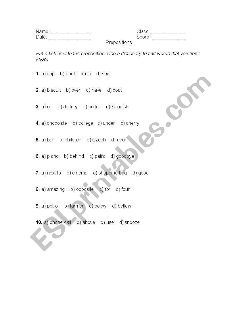 Preposition (Quiz) worksheet