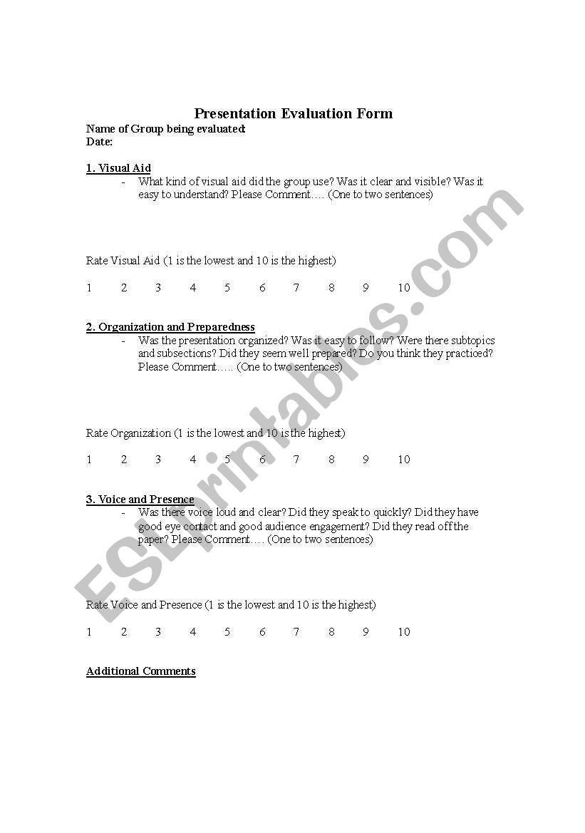 Presentation Evaluation worksheet