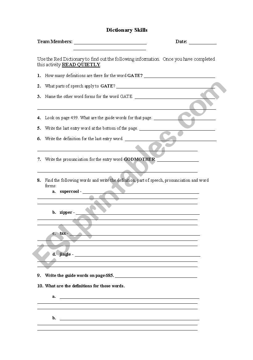 Dictionary Skill Activity worksheet