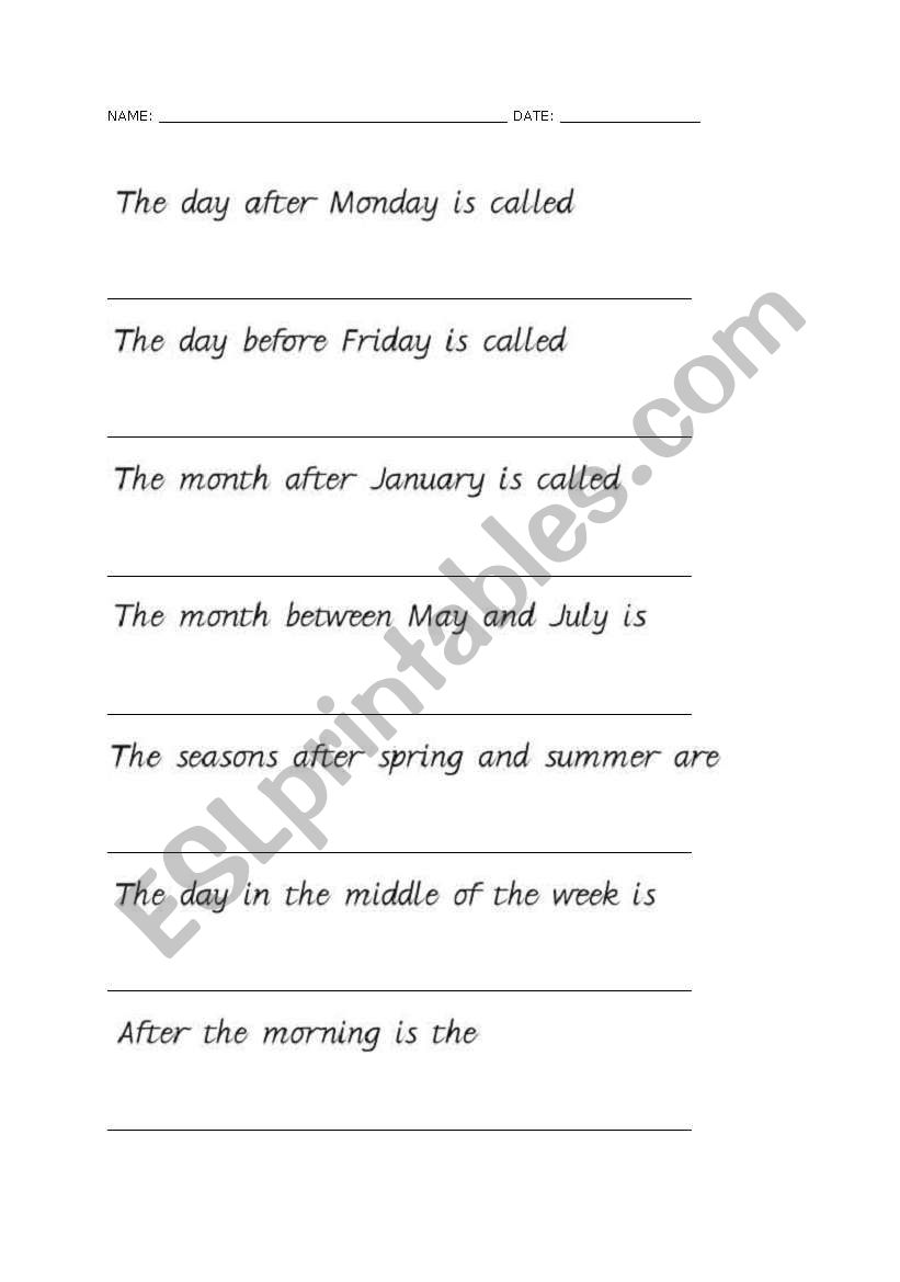 days, seasons, months worksheet