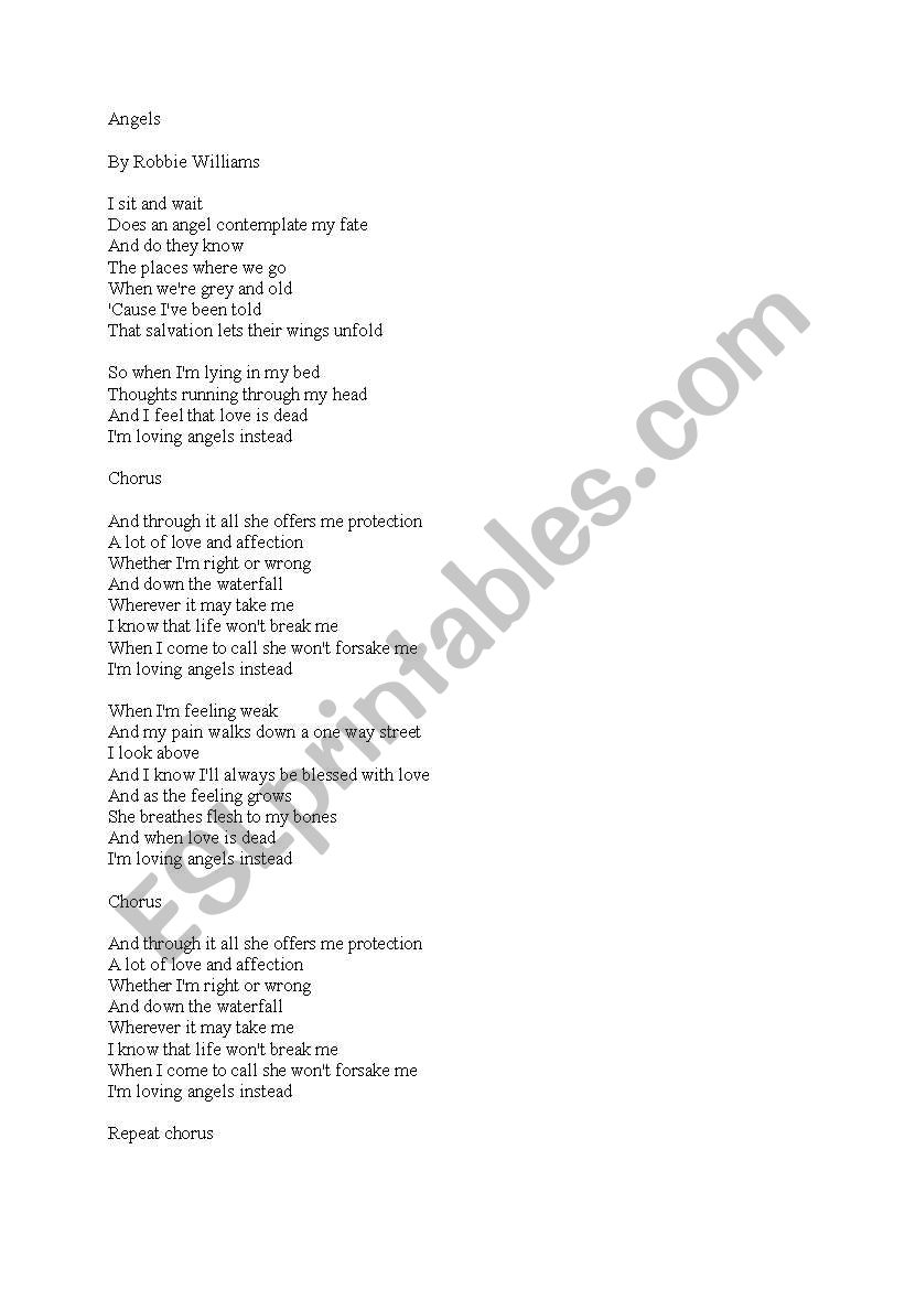 English Worksheets Robbie Williams Song Angels Lyrics And Excercises