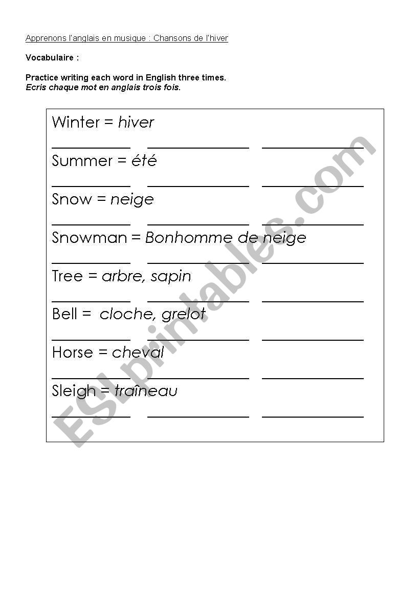 English Winter Songs exercises
