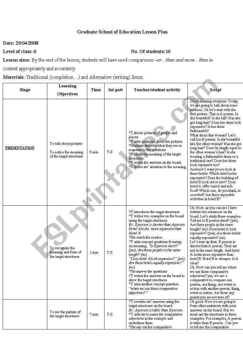 Lesson Plan ESL Worksheet By Gkycet