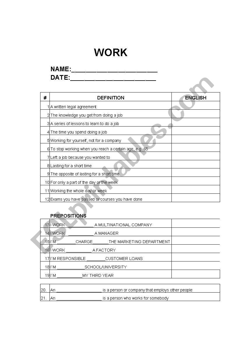 WORK WORKSHEET worksheet