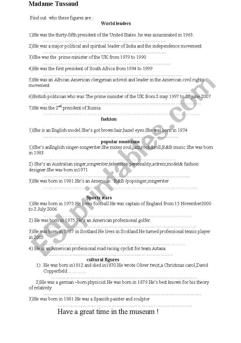 questionnaire  about figures inmadame tussauds museum