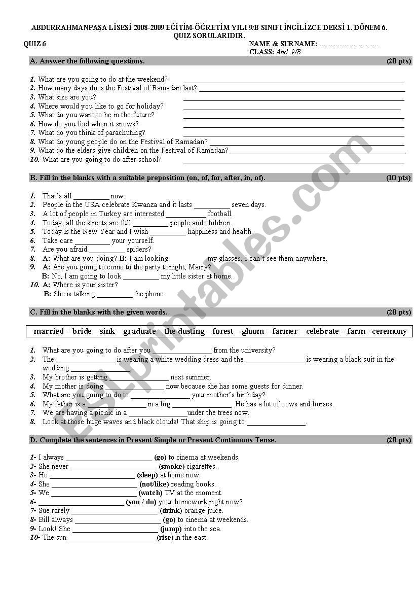 quiz practising present simple, going to future, prepositions