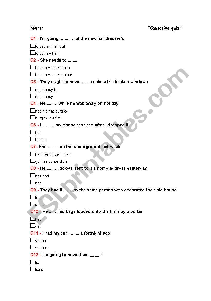 CAUSATIVE  worksheet