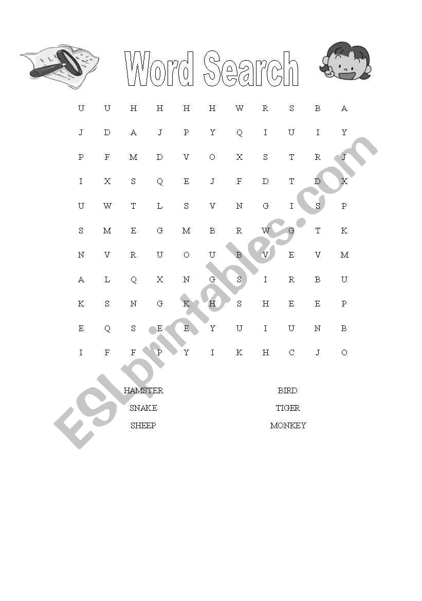 English Worksheets Animals word Search 