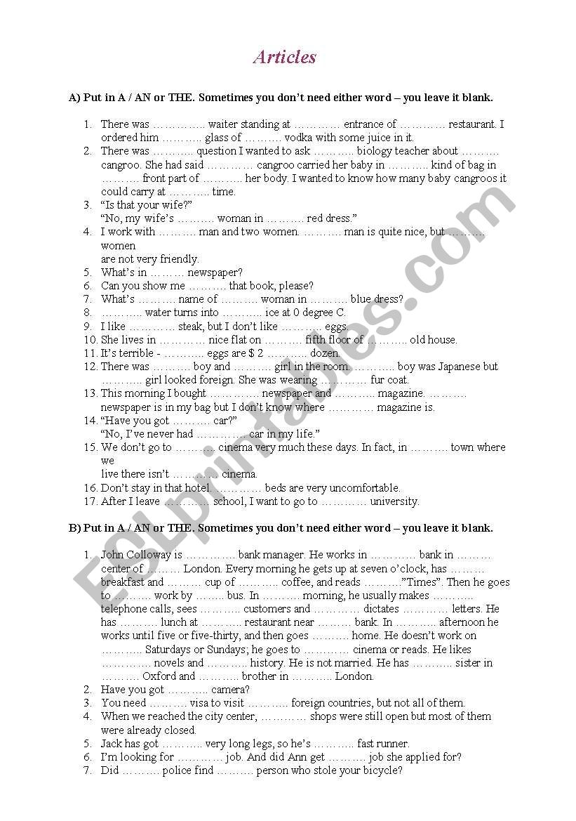 Articles worksheet