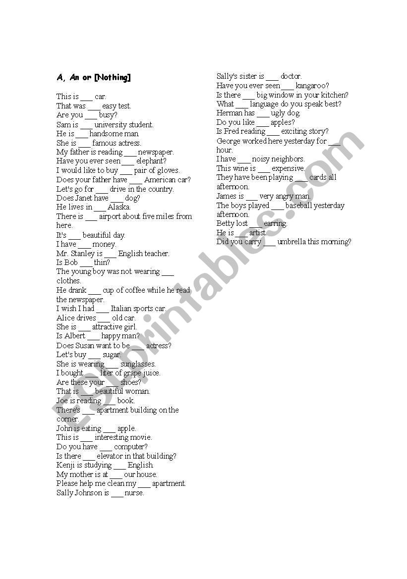 a/an/nothing worksheet