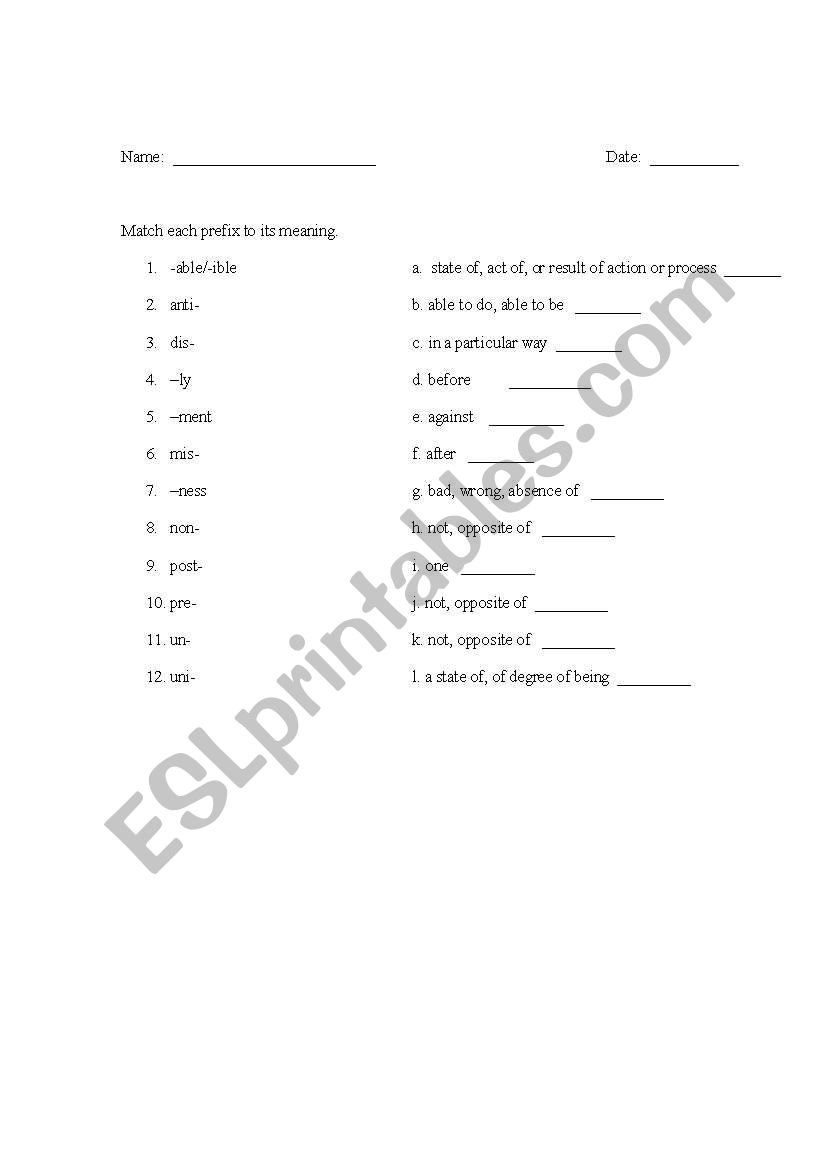 Prefixes worksheet