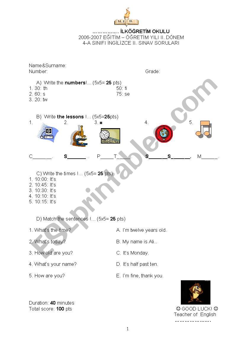 exam worksheet