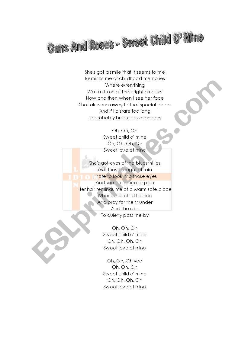 Guns And Roses - Sweet Child O´ Mine - Esl Worksheet By Brazilrule