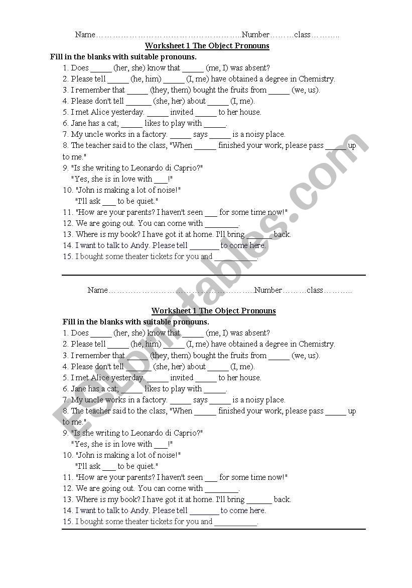 Object pronoun worksheet