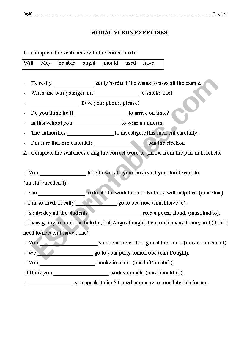 MODAL VERBS EXERCISES ESL Worksheet By Emece