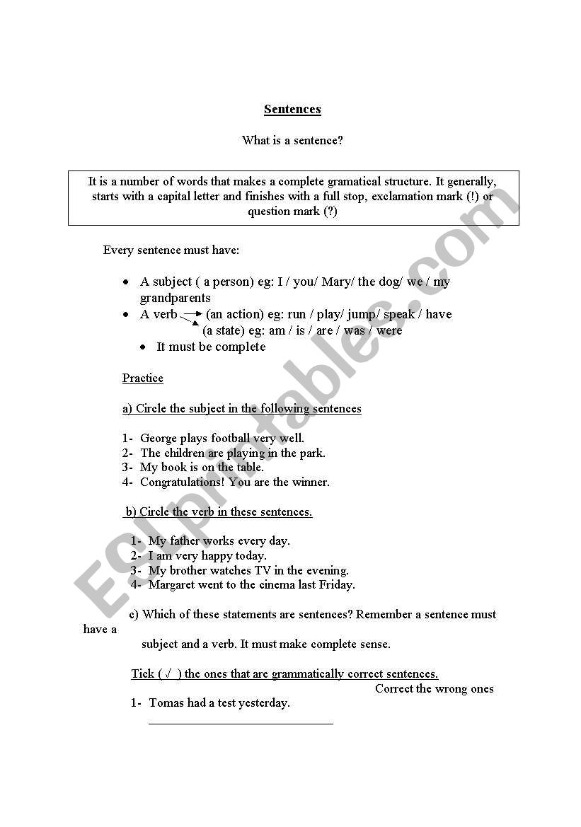 English Worksheets What Is A Sentence 