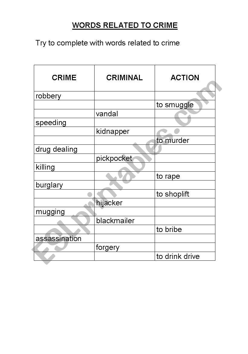 English Worksheets Words Related To Crime