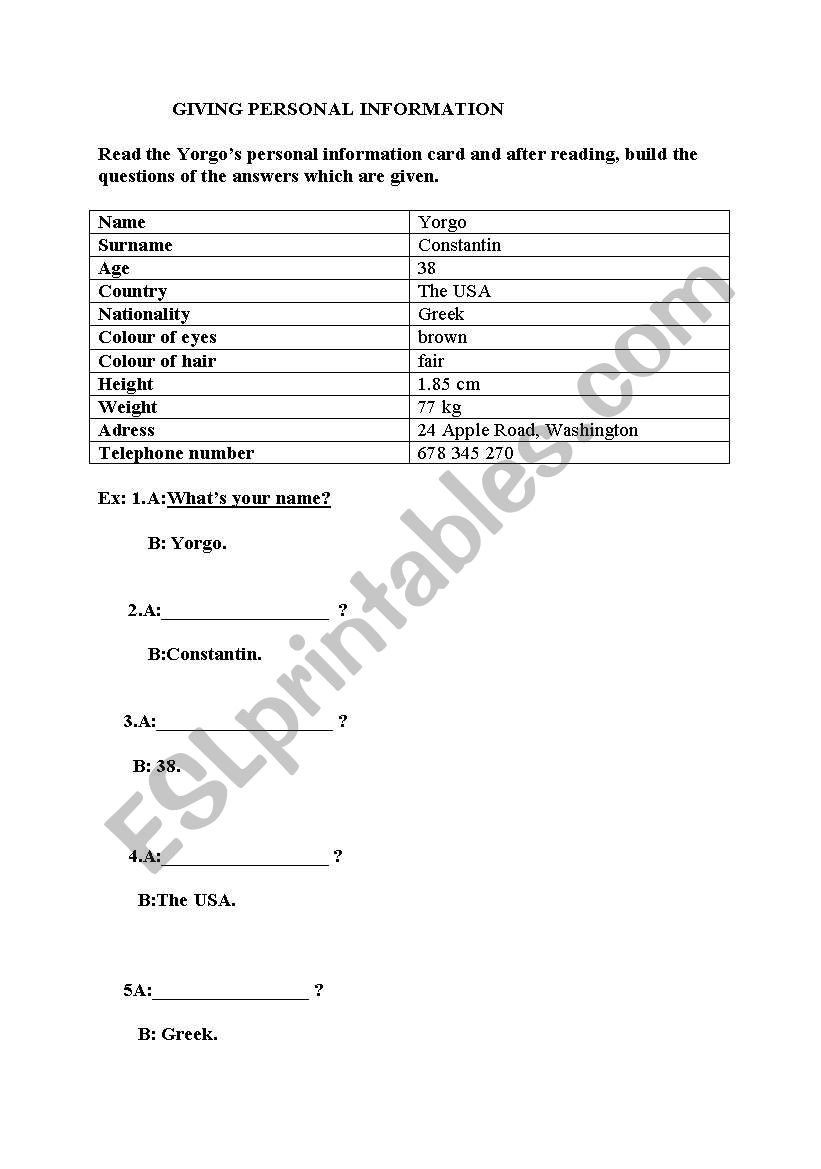 Giving Personal Information worksheet