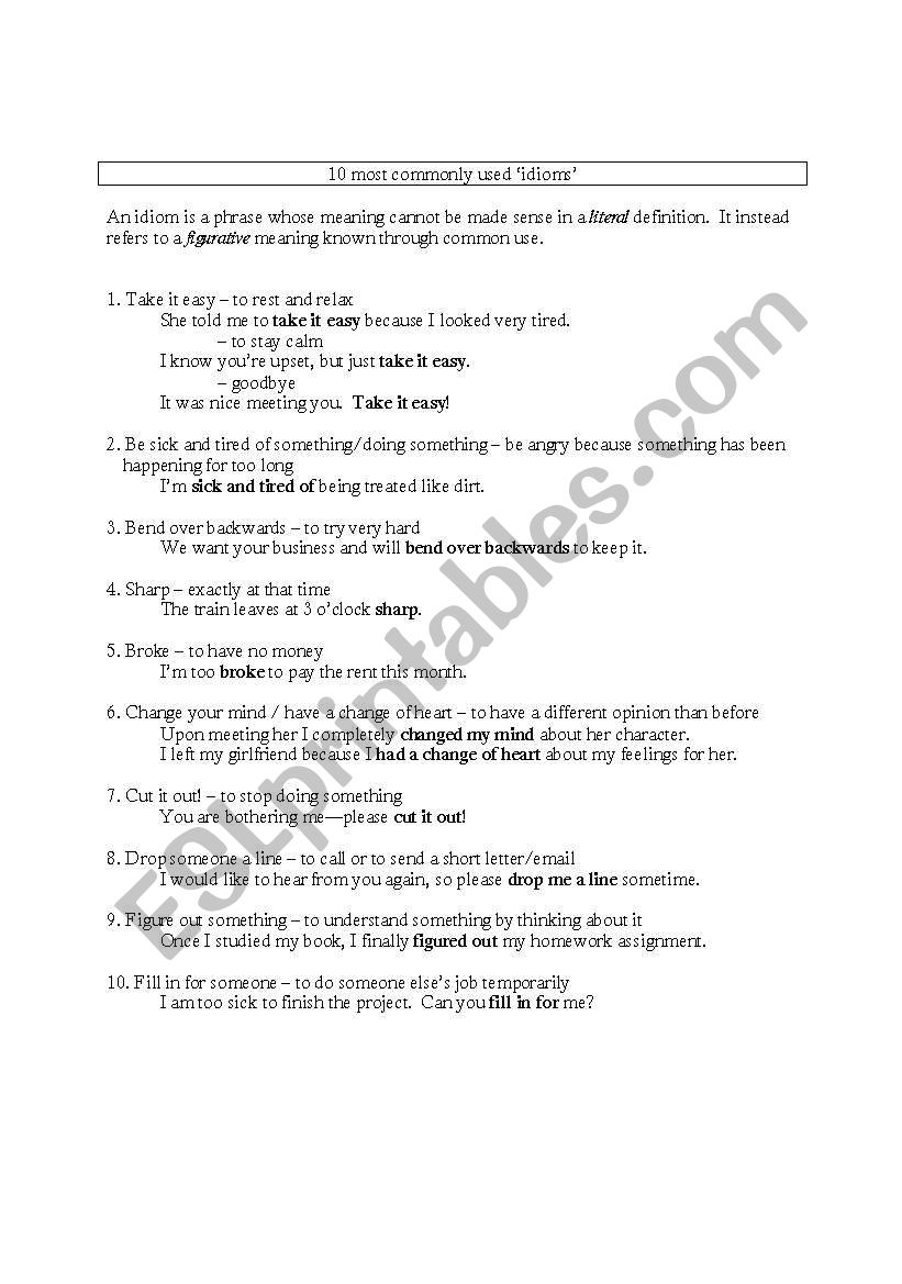 10 Most Common Idioms worksheet