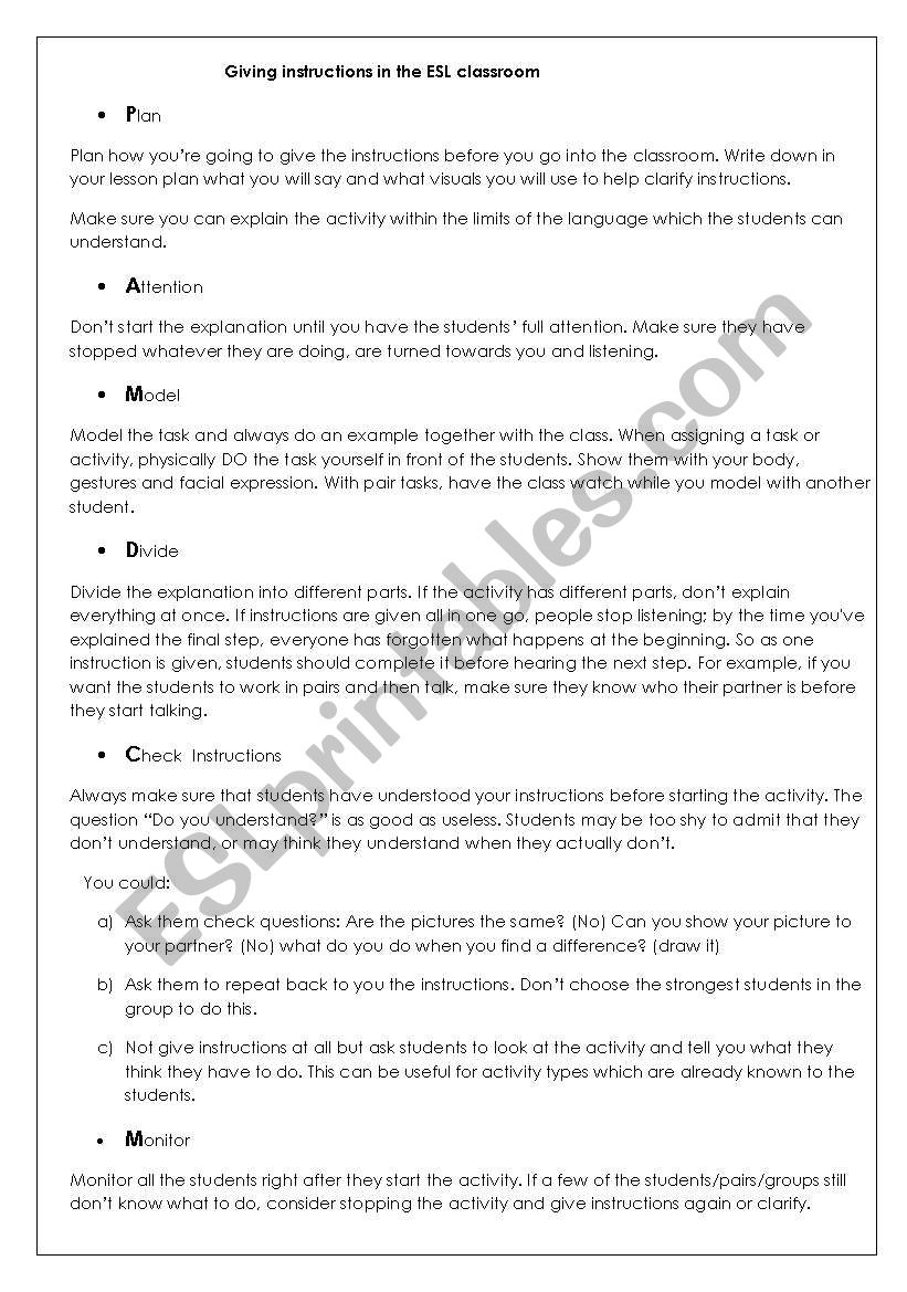 6 steps to clear instructions worksheet