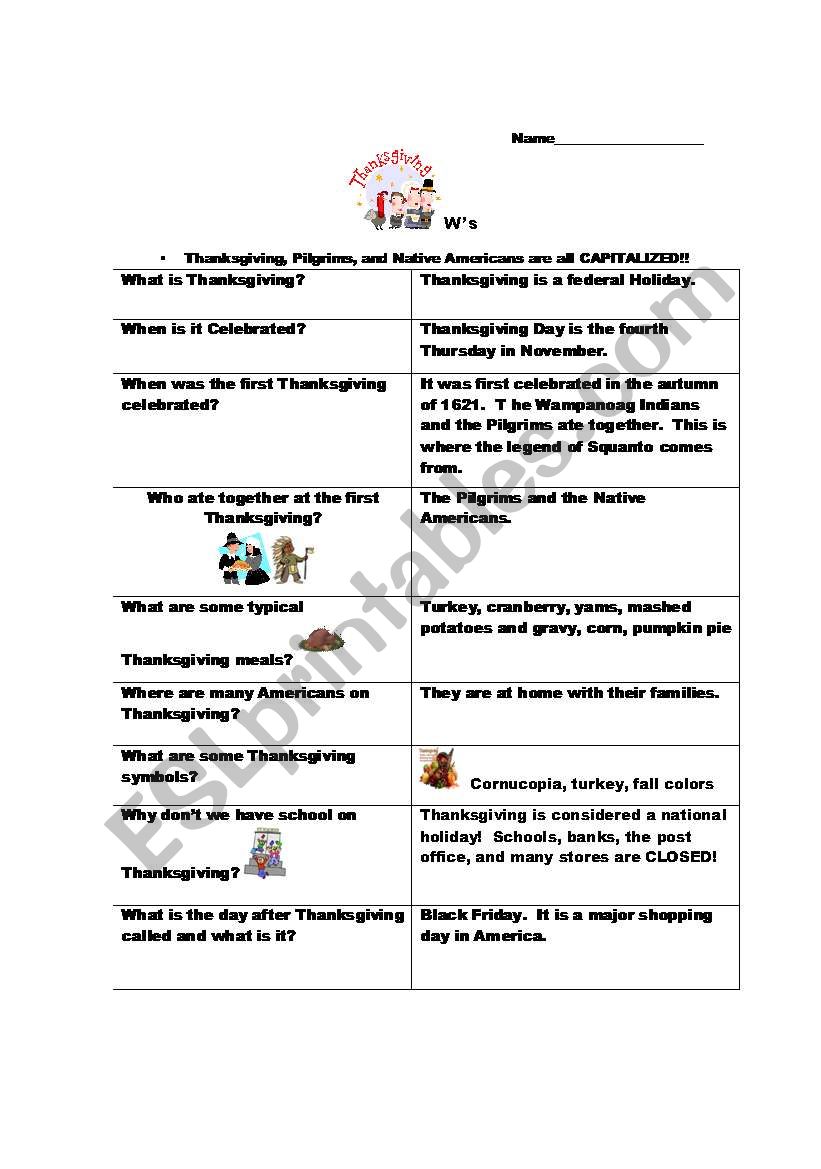 Thanksgiving Ws worksheet