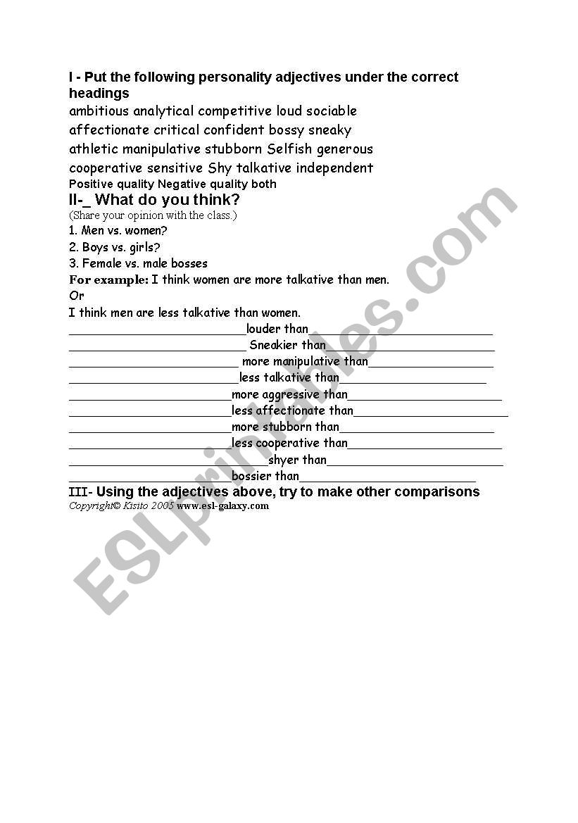 personality worksheet