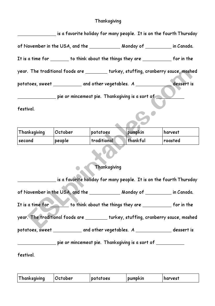 thanksgiving cloze worksheet