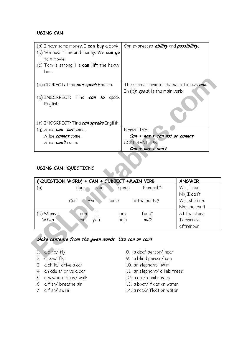 Using can and cant worksheet