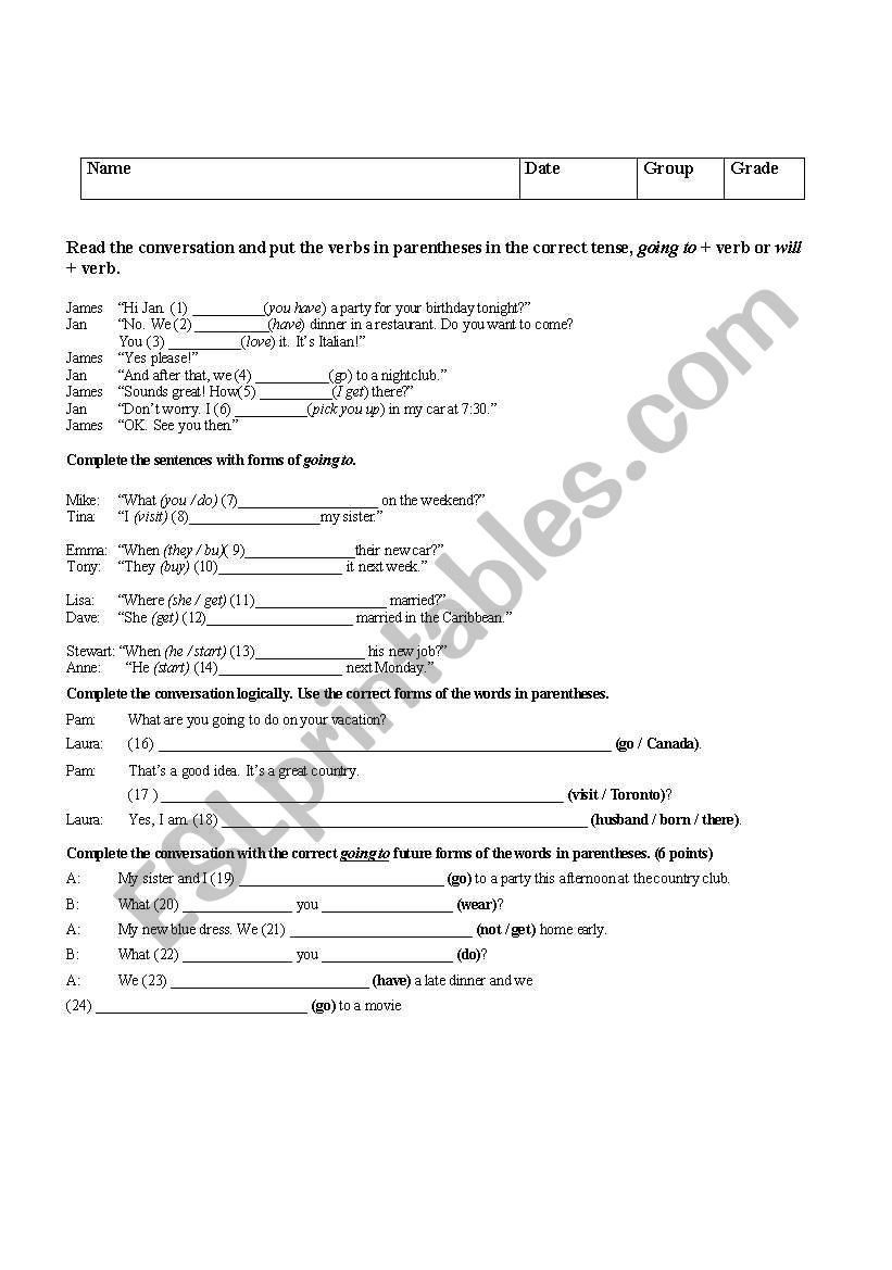 will vs going  to worksheet