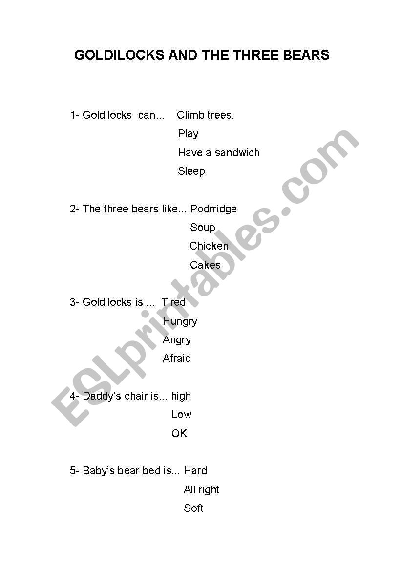 Cloze text about Goldilocks and the three bears