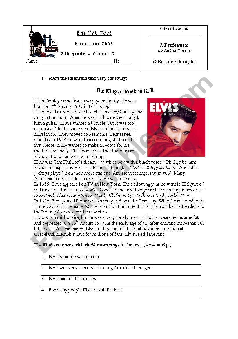 Test about Elvis for 8th graders