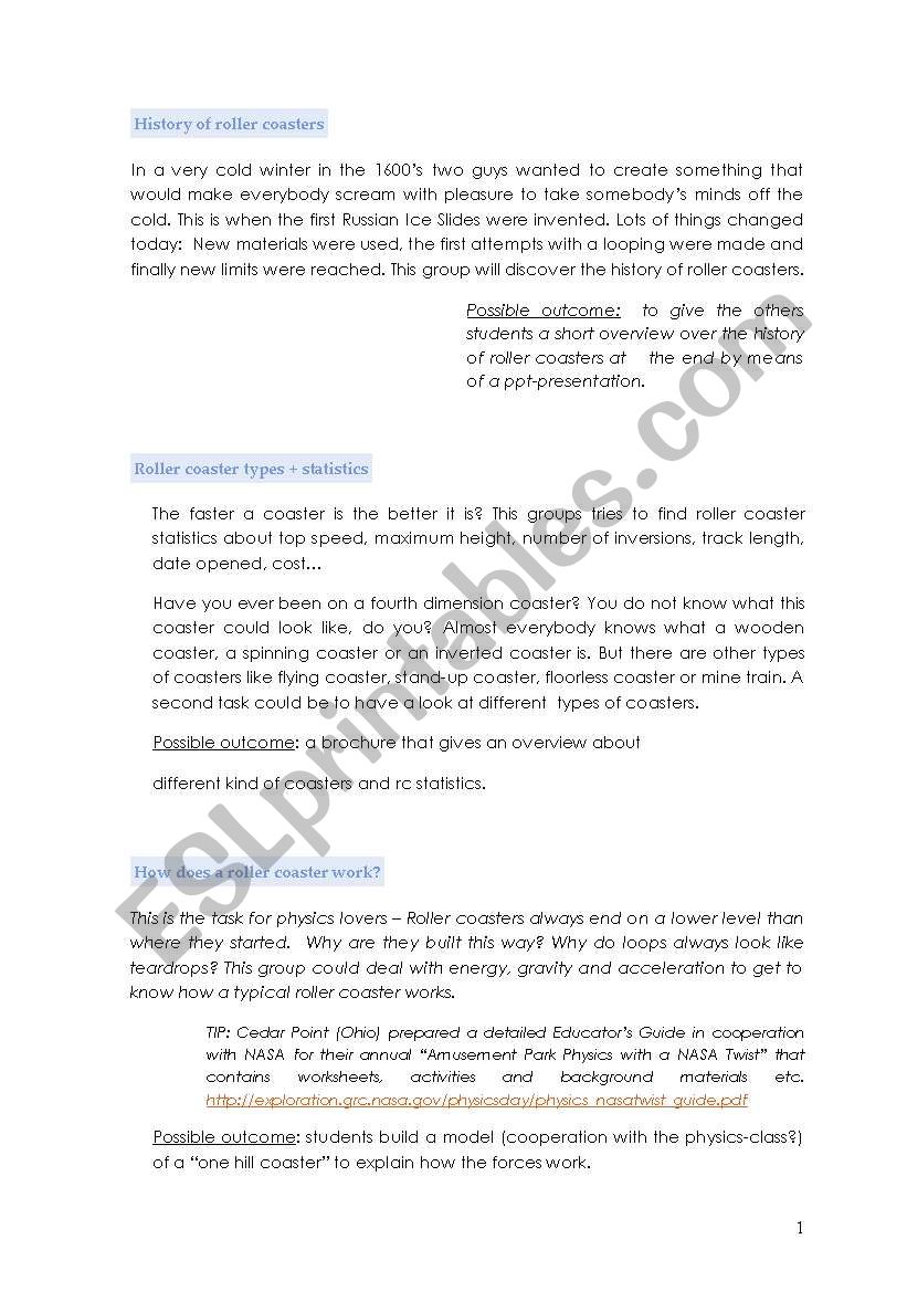 Rollercoaster Project worksheet