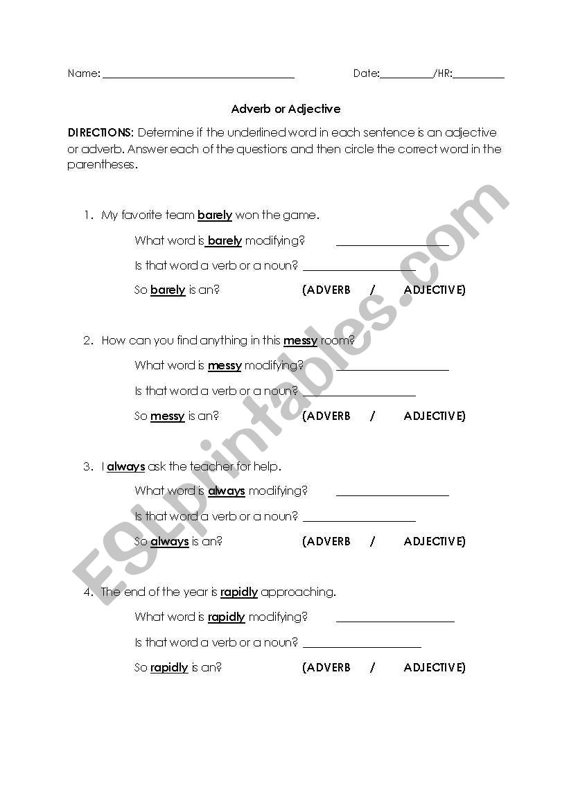 Adjective or Adverb Worksheet worksheet