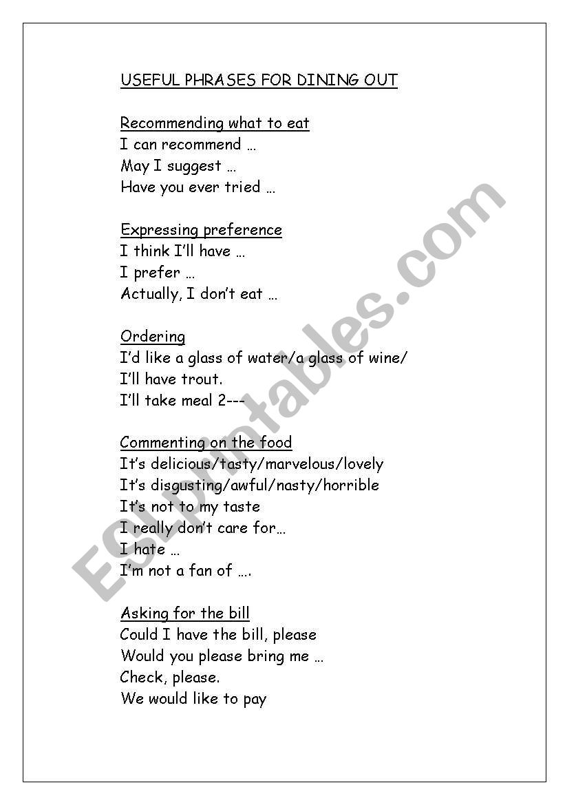 Useful Phrases for Dining Out worksheet