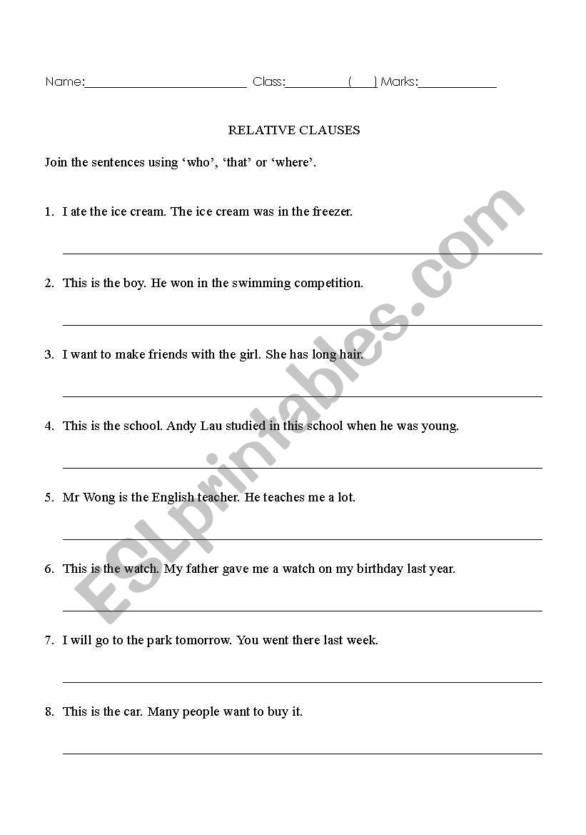 Relative Clauses worksheet